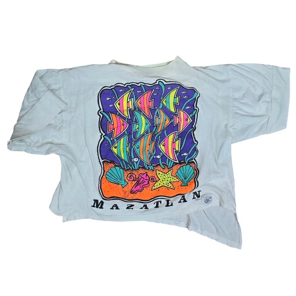 VTG 90s Mazatlan Beach‎ Club Tropical Fish Neon Souvenir Crop Tee White